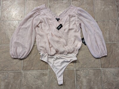 NWT Express Sz S Faux Wrap Bodysuit Pink Long Sleeve Lace Deep V-Neck 0941