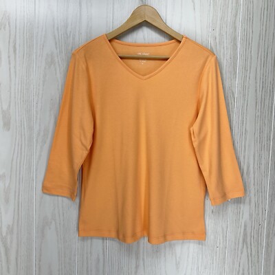 Vicki Wayne Top Womens Size M Orange 3/4 Sleeve V Neck Cotton Blend Casual
