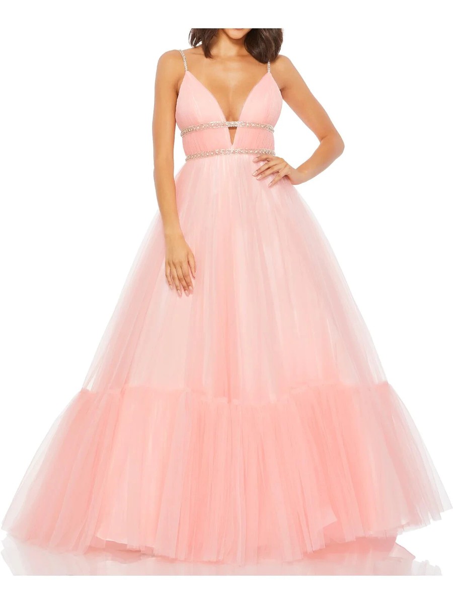 mac duggal strapless chiffon maxi dress Mac Duggal Women's Printed Chiffon Strapless Drop Waist Ballgown - Pink - Size 6