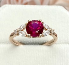 925 Sterling Silver 6 mm Round Cut Natural Ruby Gemstone  Cubic Zircon Ring