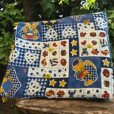 Vintage Large Blue Gingham Cat Bear Heart Crib Blanket Country Cottage Handmade