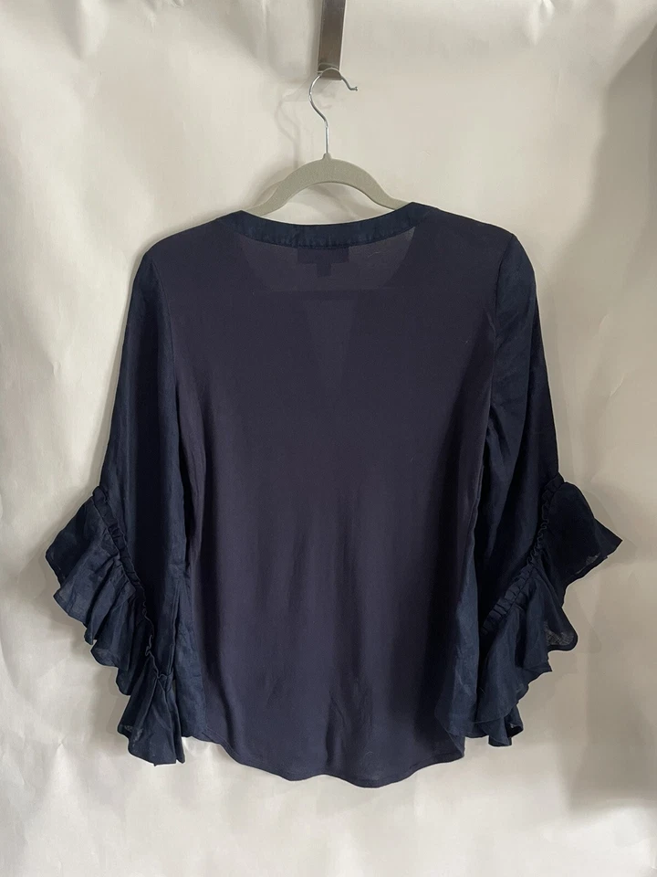INS Internacional Concepts Blouse Navy Blue Ruffle Sleeve 100% Linen Back Rayon  - Image 3 of 4