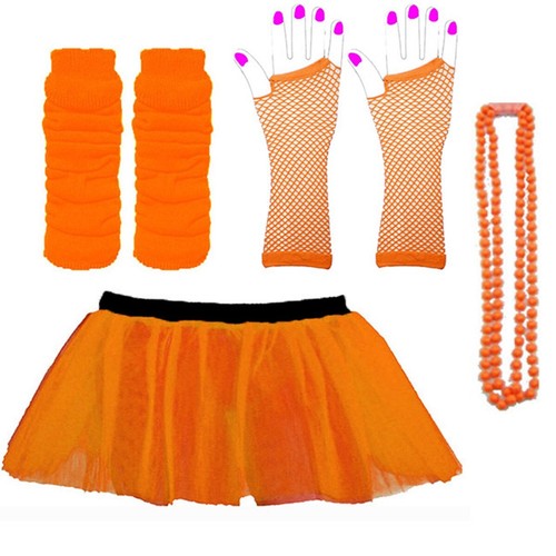 ORANGE NEON COSTUME PIECES TUTU LEG WARMERS GLOVES BEADS 80s FANCY DRESS PARTY - Picture 6 of 10