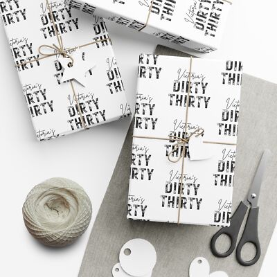 Funny 30th Birthday Wrapping Paper Roll, Custom Name Dirty Thirty Bday Gift Wrap