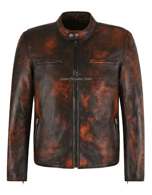 Herren RACER Lederjacke Orange Rost Klassisch Biker Mode Echtleder Jacke