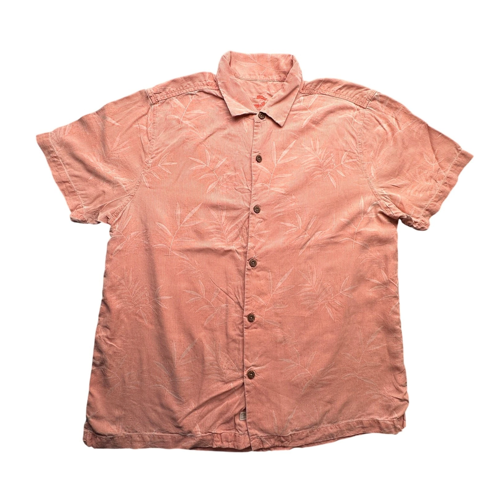 Tommy Bahama Silk Palm Tree Hawaiian Button Up Shirt XL Short Sleeve Orange Pink