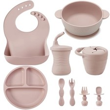 Silicone Baby Feeding Set 9PCS Baby Led Weaning Supplies Self Feeding Pink