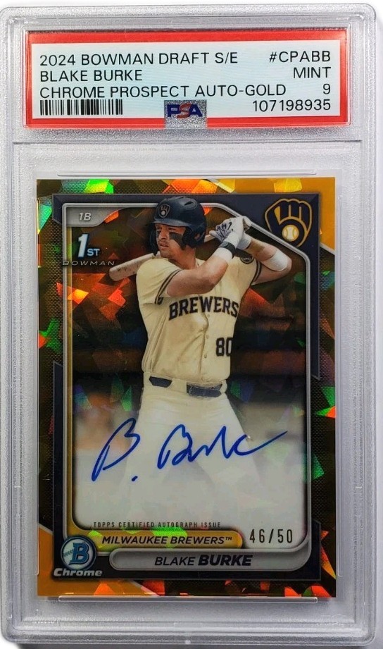 2024 Bowman Chrome Blake Burke Gold Sapphire Auto RC Refractor 46/50 SP Brewers