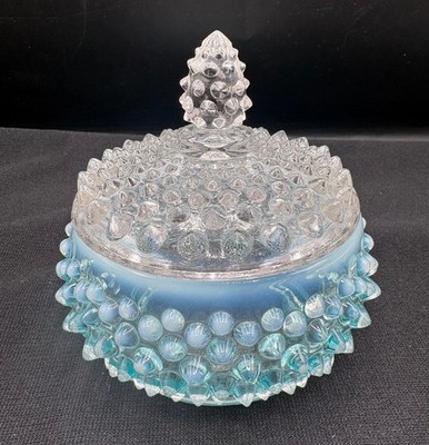vintage Fenton Blue opalescent  Hobnail clear lid Dresser powder  jar
