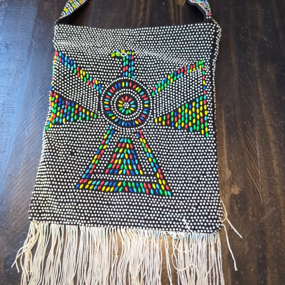 Cartera Hombro Años 60 70 Candy Dot Flecos Thunderbird Cuentas Boho Hippie De Colección Foto 2 de 4