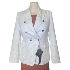 Mina Self Womens White Tweed Double Breasted Blazer Jacket Gold Mylar Size L NEW