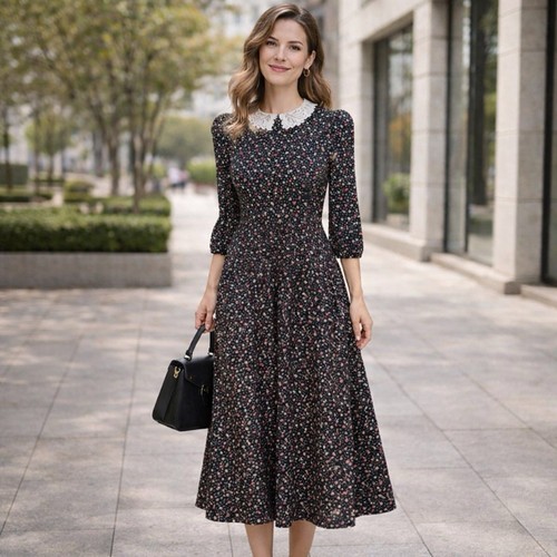 VTG Womens Dress 10 Blue Mini Floral Lace Collar Prairie Puff Midi Cottagecore - Image 1