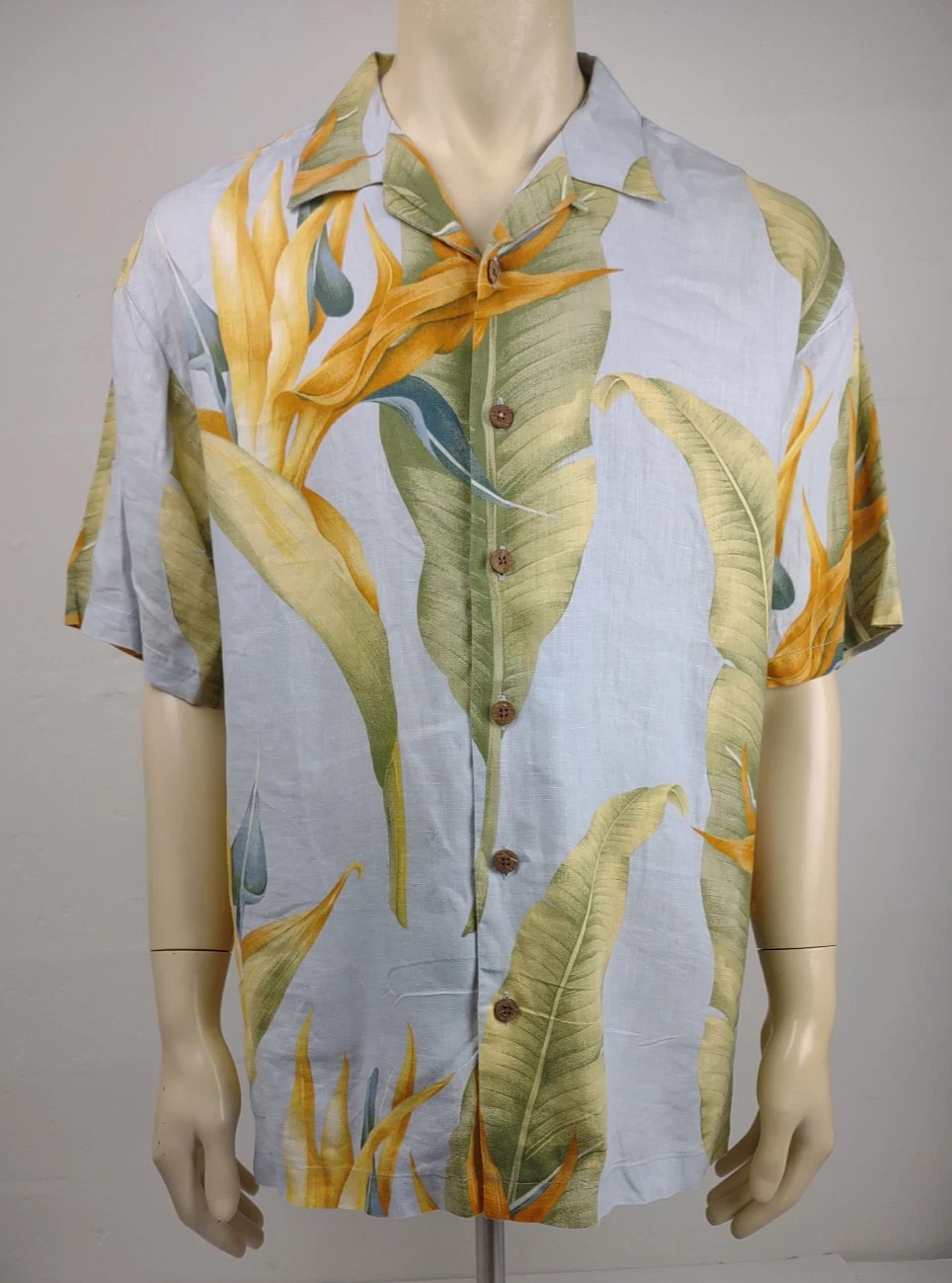 Tommy Bahama blue green tropical leaf 100% Linen button front shirt mens Large