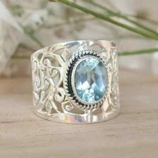 Elegant 925 Sterling Silver Blue Topaz Charms Wedding Engagement Ring Size 9