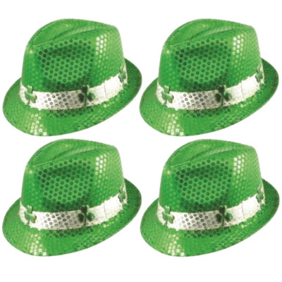 4 x St Patricks Day grün Pailletten Trilby irischer Hut & Kleeblatt Band Kostüm