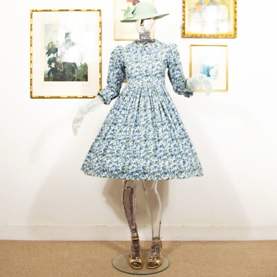 Vintage 1960s Light Blue Corduroy Floral Dress Circle Skirt With