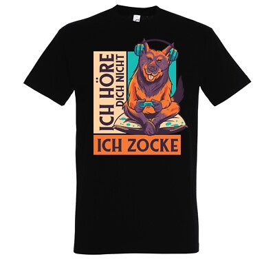 Herren T-Shirt Hund Zocke Headset Gamer Gaming Cool Nerd Lustig Spruch Fun