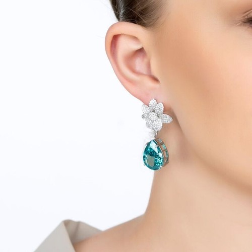 Elegant Orchid Flower Teardrop Simulated Topaz & Sapphire Drop Dangle Earrings - Picture 3 of 7