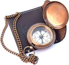 Handmade Nautical Brass Push Open Compass On Chain with Leather Case, Decor Gift