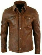 Real Lambskin Brown Men's Leather Shirt Handmade Stylish Casual Biker Motorcycle