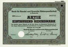 Bank f&uuml;r Handel Gewerbebank 1942 Kattowitz Katowice Schlesien Slask Berlin 1000