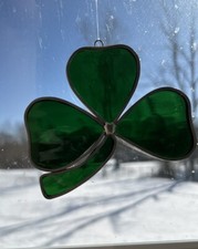 Vintage Green Shamrock Clover Sun Catcher Stained Glass Lucky Irish St Patrick  s
