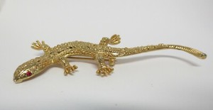 Authentic Red Rhinestone Eyes Gold-Plated Lizard Brooch Skink Reptile Vintage Pin 2.75"