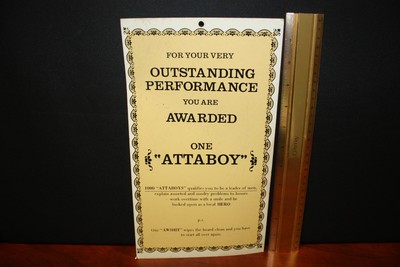 VINTAGE Outstanding Performance ''ATTABOY'' Award POSTER ~ Cardboard ~ FUNNY!