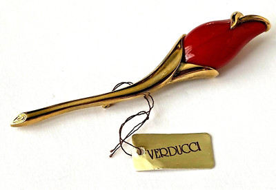 Vintage Brosche signiert VERDUCCI mit Etikett ROSE ROT vergoldet 9,2cm 