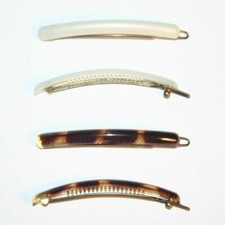 Barrette Hair Clip Long Small Metal Snap on White Tortoiseshell Made in France