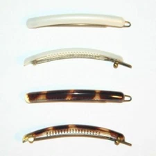Barrette Hair Clip Long Small Metal Snap on White Tortoiseshell Made in France