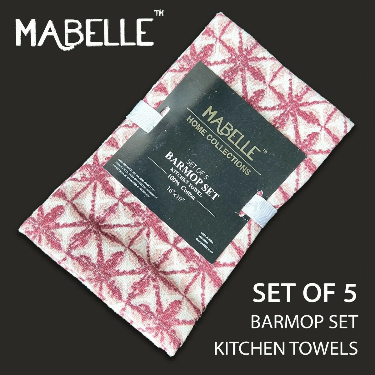 SET OF 5 MABELLE Home Wine Red Washed Look Tie Dye Bar Mop Set