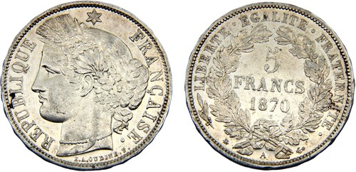 France 1870 A 5 Francs Silver 90.0% XF
