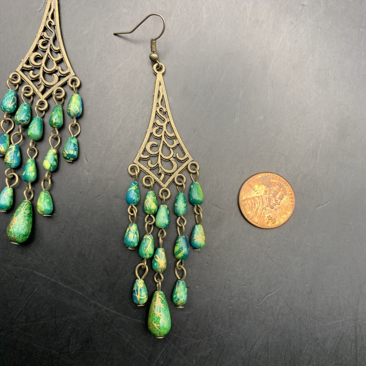 Vintage Hand-Hammered Artisan Silver Green Beaded Chandelier Drop Earrings Green Onyx Teardrop Earrings, Sterling Silver Boho Dangle  main image 3