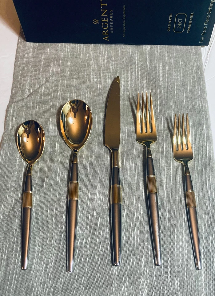 HAMPTON FORGE ARGENT ORFEVRES MARIS PARTIAL 24K GOLD 5-PC PLACE SETTING FLATWARE - Image 4 of 4