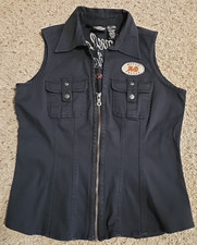 Womens S Harley Davidson Motorcycle Black Canvas Sleeveless Zip-Up Shirt