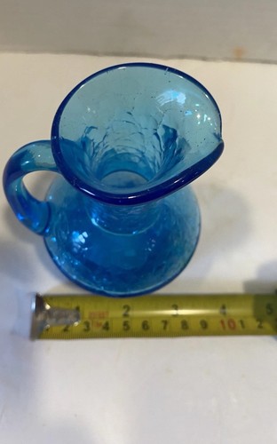 Vintage 5” Blue Crackle Glass Pitcher Vase - Picture 7 of 9