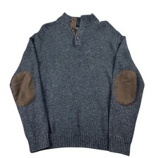 Chaps Knit Dark Gray Henley Sweater Men's Medium Elbow Patches Cotton Button