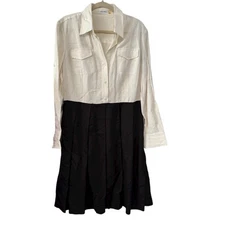 Calvin Klein 14 Black White Long Sleeve Fit & Flare Shirt Dress Linen Blend