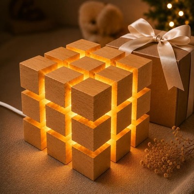 Premium Holz Magic Cube LED Nachtlicht - Warmweiß - 3000K