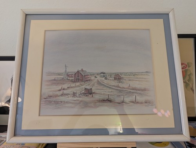 #ad Antique 1914 Americana Folk Art Drawing Signed Landa Red Barn Windmill Farm $84.99