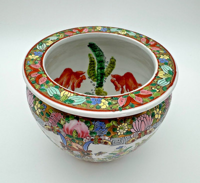 Vtg Chinese Porcelain Rose Flower Medallion Koi Fish Bowl Planter 5 1/4 x 6 1/4''