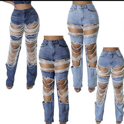 Women s Blue Light Wash Denim Straight Jeans Distressed Cutout Rhinestones