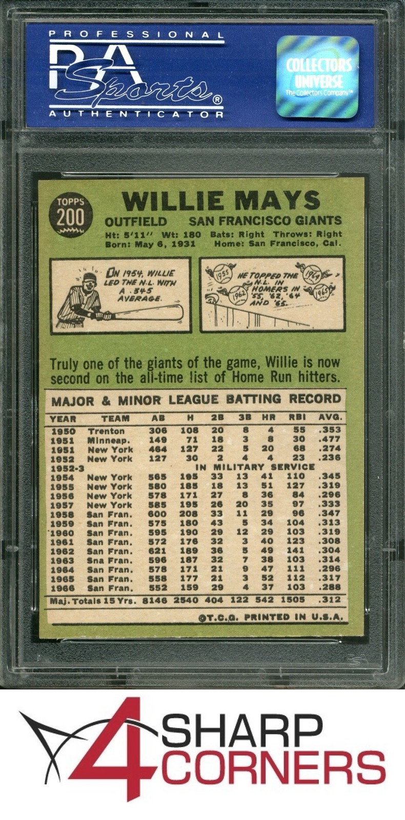 1967 TOPPS #200 WILLIE MAYS GIANTS HOF PSA 8 view 2