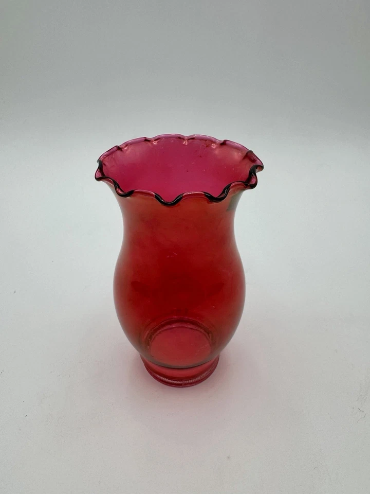 Vintage Ruby Red Glass Hurricane Candle Holder Beaded Clear Base 7.5" Tall - Image 2 of 4
