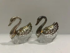 Two Vintage Crystal & Silver Plate Swan Salt Cellars
