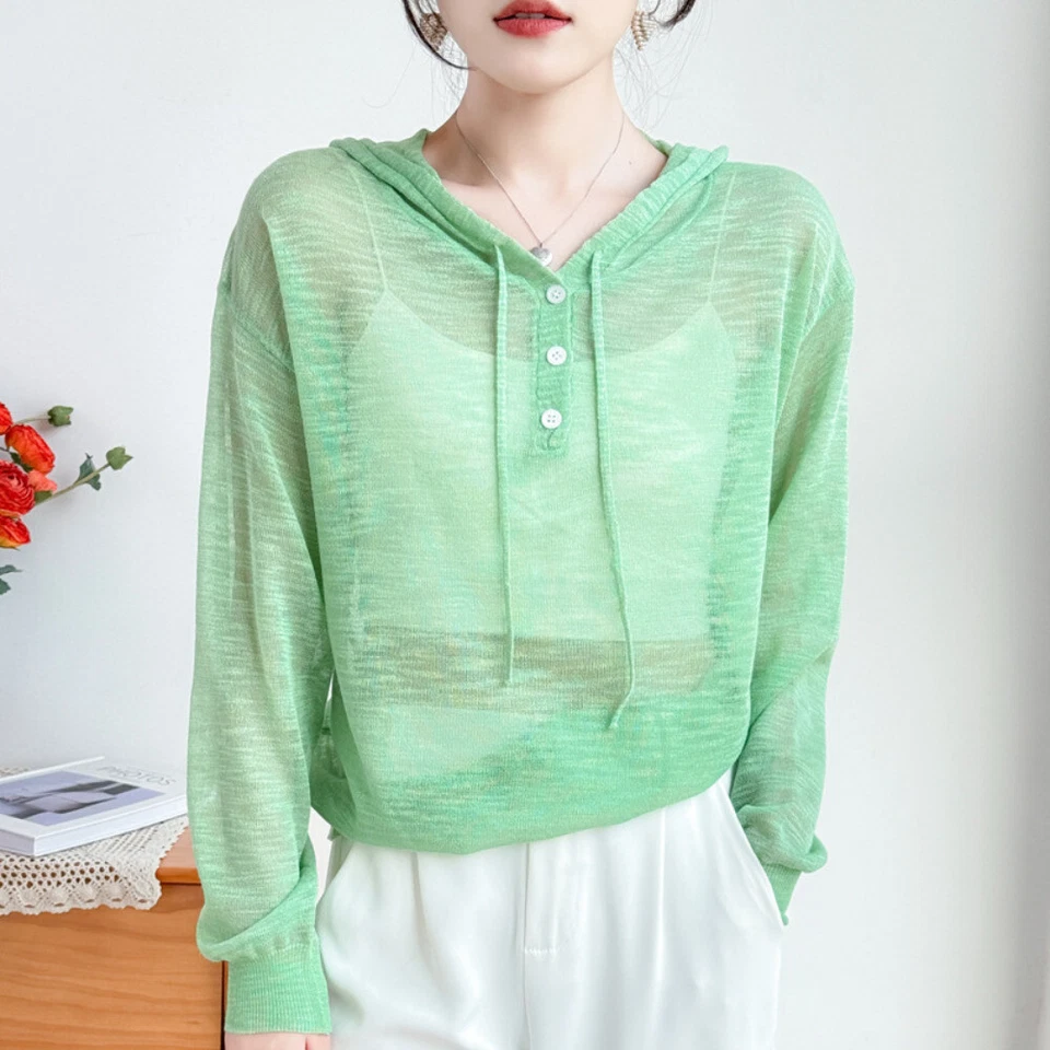 Donna Trasparente Maglieria Camicie Felpa con Cappuccio Top Casual Maglie - Immagine 4 di 4