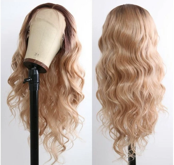 Peluca de encaje frontal transparente rubia miel ombre cabello humano largo en capas mezclado Foto 3 de 4