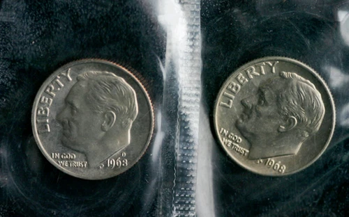 1968 P and D Roosevelt Dime 2 Coins from US Mint Set BU Cellos Ten Cents Two 10c