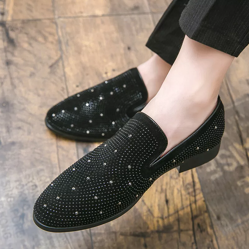 Black Rhinestone Men loafers Gold Spiked Rivets Formal Men Casual Loafers Shoes